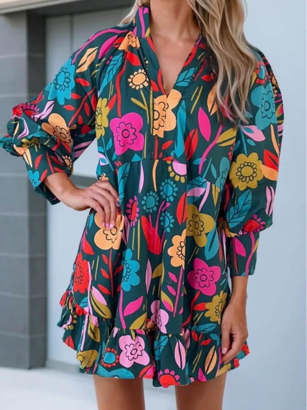 Colorful Floral Tunic Dress - Navy Base with Multicolor Blooms